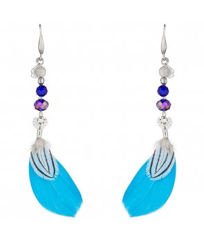 BOUCLES D'OREILLES - ZEBRASKA BLUE SILVER - pendantes argent cristal et plume