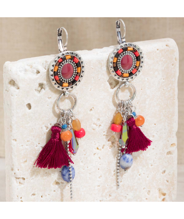 BOUCLES D'OREILLES - TALISSA BORGOGNA SILVER - pendantes argent et rouge pampilles pompons et cristaux