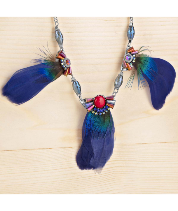 COLLIER - PAKURIOS BLUE COLOR - plastron indigène ras de cou multicolore plumes cristaux