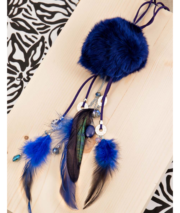 COLLIER - GALABIS LIGHT BLUE LARGO - sautoir ethnique bleu avec pompon fourrure, cristaux et plumes