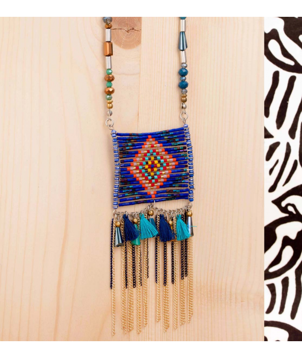 COLLIER - LAMINOS BLUE SILVER - sautoir navajo bleu avec pendentif perles de cristal et pompons