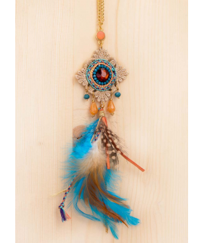 COLLIER - REINA DE SABA TURQUOISE GOLD - sautoir doré avec pendentif turquoise cristal broderies et plumes