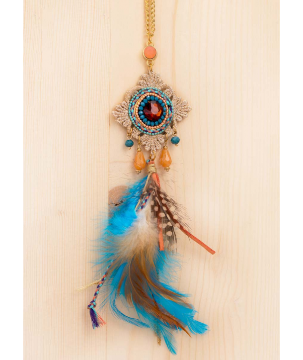 COLLIER - REINA DE SABA TURQUOISE GOLD - sautoir doré avec pendentif turquoise cristal broderies et plumes