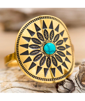 Bague CORONADA STEEL TURQUOISE DORADA cabochon réglable acier doré couronne de plumes