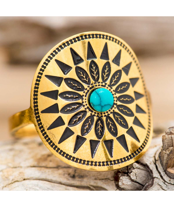 Bague CORONADA STEEL TURQUOISE DORADA cabochon réglable acier doré couronne de plumes