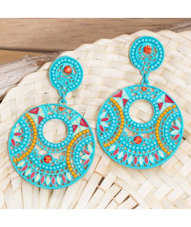 Boucles d'oreilles MOBIA BLUE SILVER pendantes ajourées ethniques turquoises et argent cristal émaux et perles