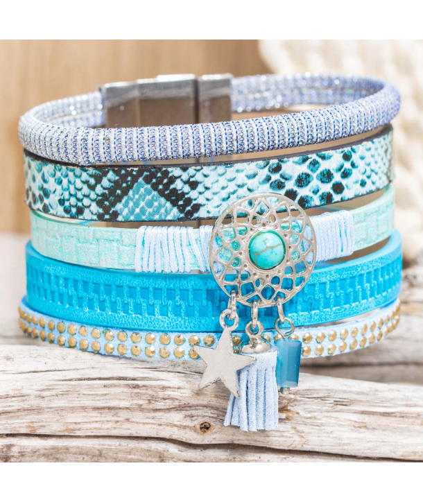 Bracelet CORDOBA TURQUOISE SILVER manchette ethnique bleu turquoise et argent reptile et pompon