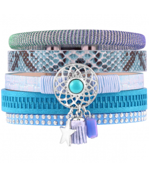Bracelet CORDOBA TURQUOISE SILVER manchette ethnique bleu turquoise et argent reptile et pompon 2
