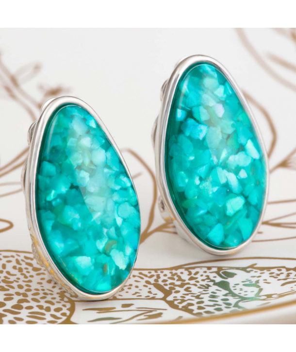 Boucles d'oreilles LUMISA VERDE SILVER puces clips argent et vert turquoise en pâte de verre