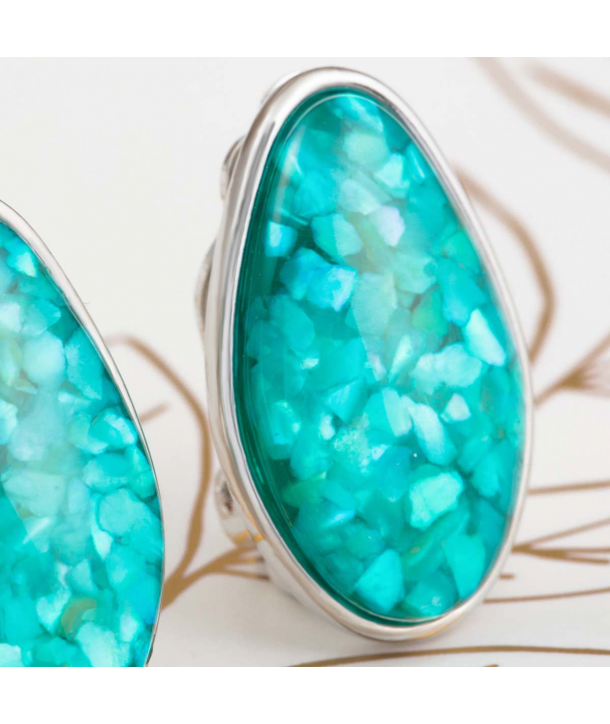 Boucles d'oreilles LUMISA VERDE SILVER puces clips argent et vert turquoise en pâte de verre