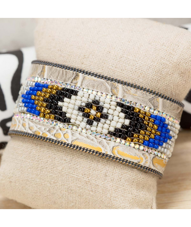 Bracelet FAOGAL COLOR GOLD manchette rouge bleu et dorée tissage brésilien miyuki amérindien et cristal