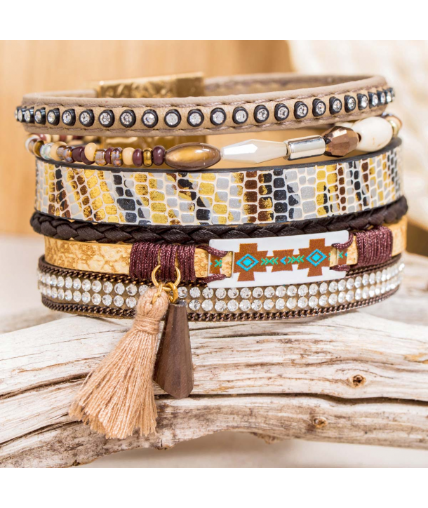Bracelet VANILHAS REPTIL CHOCO DORADA manchette chocolat et dorée imprimé reptile et pompon