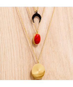 Collier SOL Y MAR STEEL ROJA DORADA ras de cou multirangs acier inoxydable doré jaspe rouge et symboles 2