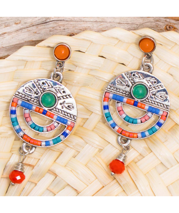 Boucles d'oreilles VEDRA COLOR SILVER pendantes ethniques multicolores et argent cristal et perles