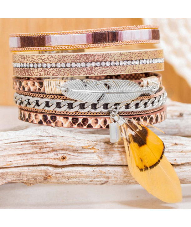 Bracelet CUROSPE DO BRASIL BEIGE REPTIL SILVER manchette argent tissage brésilien et plumes