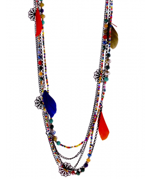 Collier ECUADOR NOCHE COLOR sautoir ethnique multirangs multicolore noir plumes cristaux