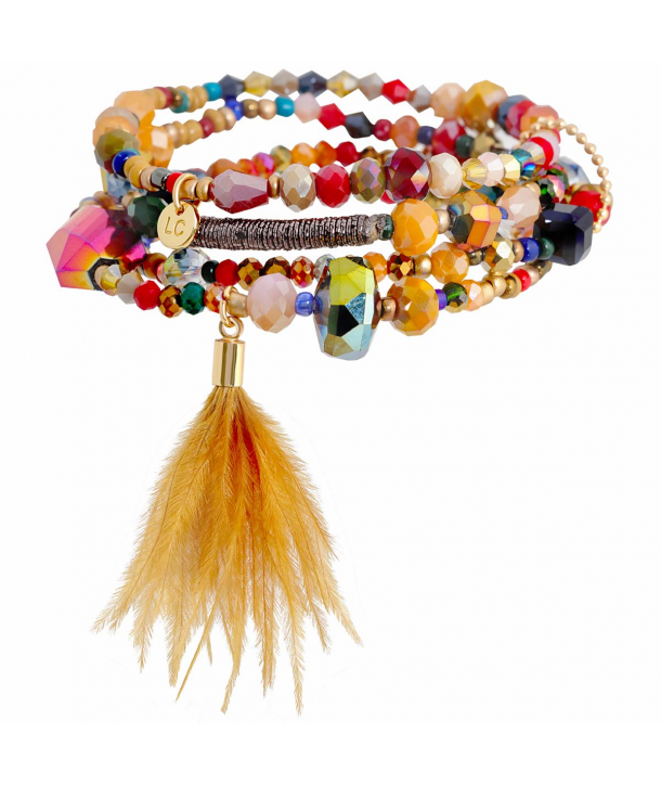 Bracelet DOVILANE COLOR GOLD multirangs de perles de cristal multicolores et dorées avec plumes taille élastique