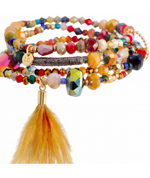 Bracelet DOVILANE COLOR GOLD multirangs de perles de cristal multicolores et dorées avec plumes taille élastique 2