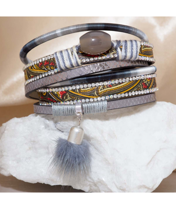 Bracelet POPOS GREY SILVER double tour argent pompon fourrure et pierre d'agate grise et fermoir aimanté