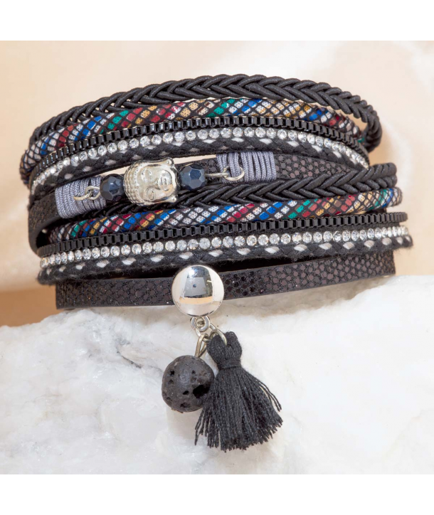 Bracelet NIRVANA BLACK SILVER double tour noir et argent breloque bouddha et pompon et fermoir aimanté