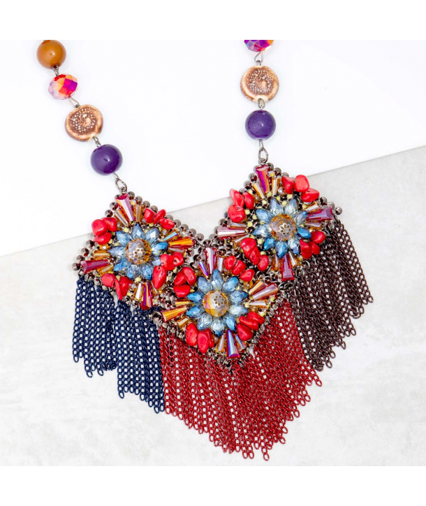 Collier FLORINA CORAL BLUE SILVER plastron ras de cou argent et multicolore bleu et rouge corail pierres et cristaux