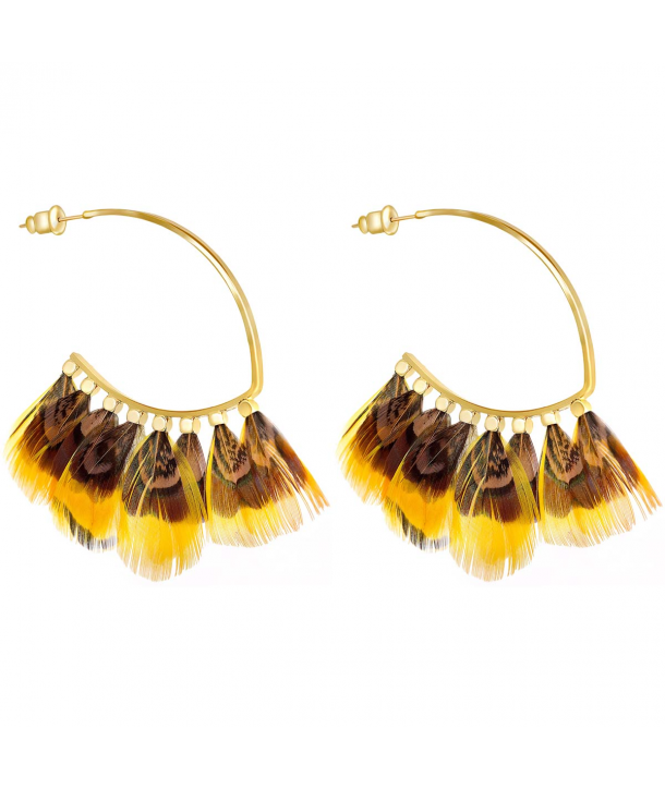 Boucles d'oreilles FEROZA MOSTAZA GOLD créoles ethniques dorées et plumes jaune moutarde